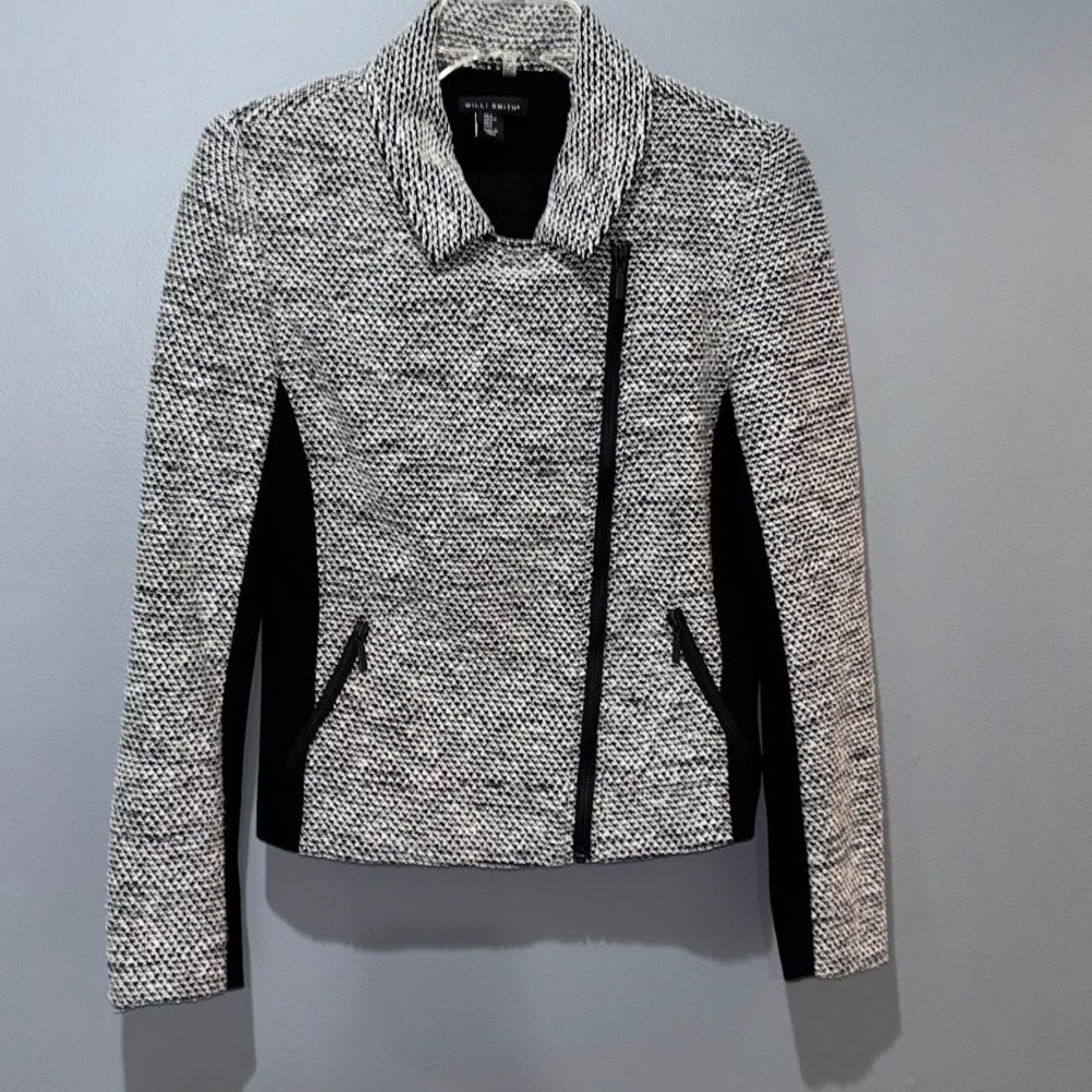 Willi Smith Womens Black White‎ Tweed Knit Moto Jacket Asymmetric Zip Small